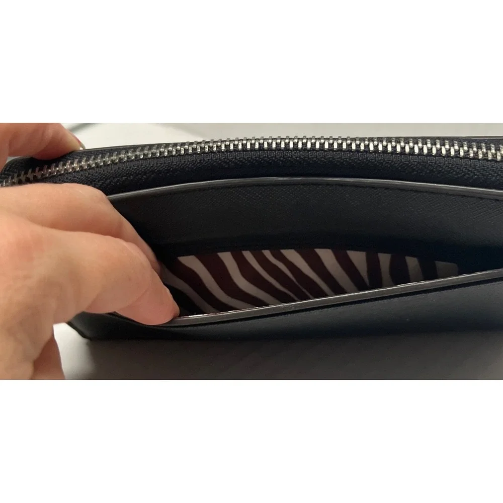 Dana Buchman Black Saffiano Zip Wallet Metallic Silver Interior Zebra Stripe